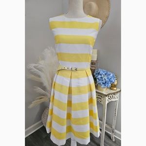 Size 10 Madison Leigh Yellow White Striped Pleated Sleeveless Belted Dress